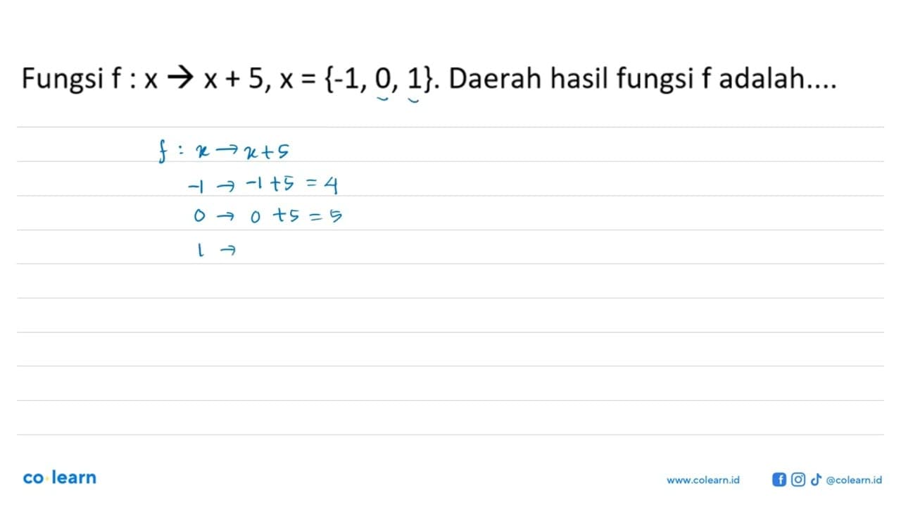 Fungsi f : x -> x + 5, x = {-1, 0, 1}. Daerah hasil fungsi