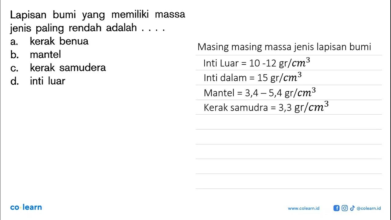 Lapisan bumi yang memiliki massa jenis paling rendah adalah