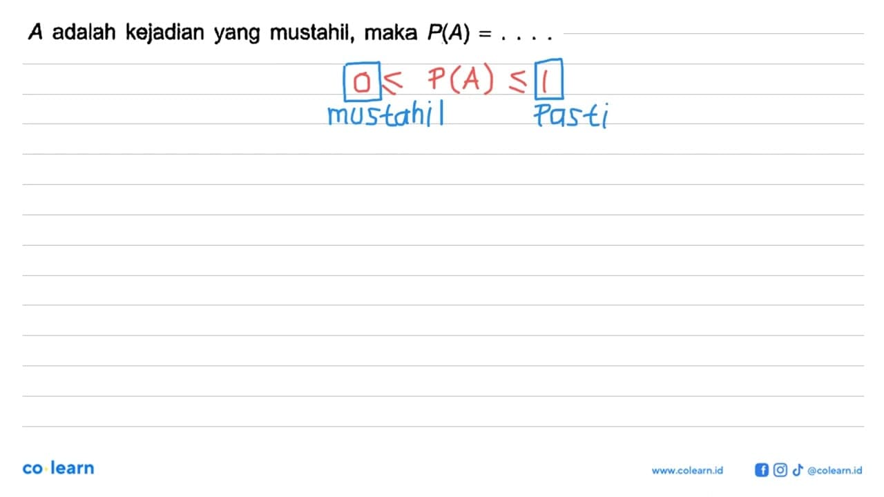 A adalah kejadian yang mustahil, maka P(A)=... .