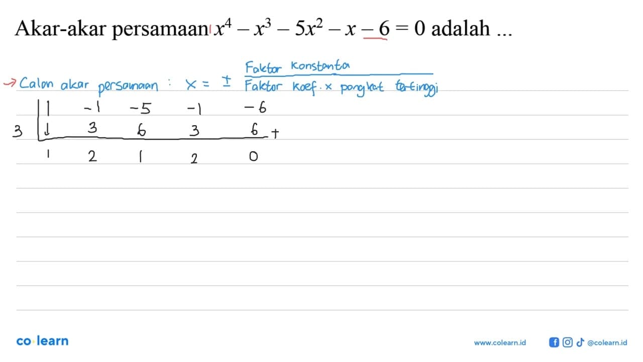 Akar-akar persamaan x^4-x^3-5x^2-x-6=0 adalah....