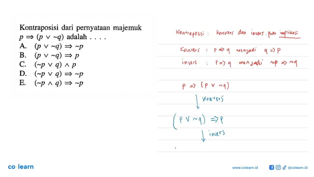 Kontraposisi dari pernyataan majemuk p => (p v ~q) adalah