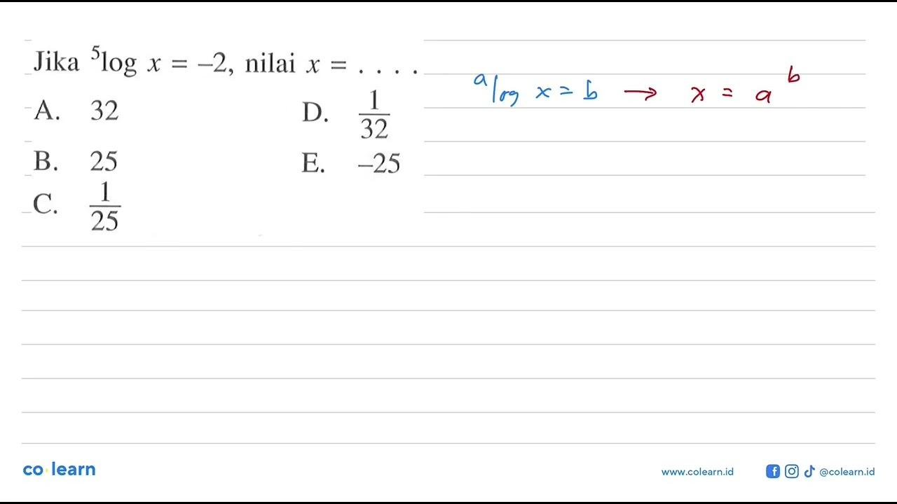 Jika 5logx=-2, nilai x=. . . .