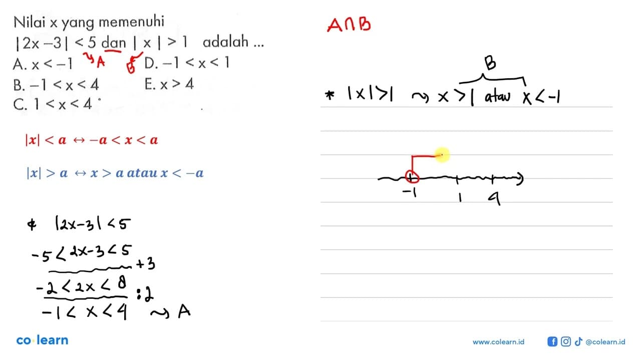 Nilai x yang memenuhi |2x-3|<5 dan |x|>1 adalah ....