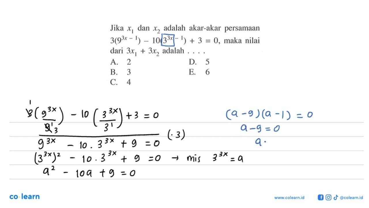 Jika x1 dan x2 adalah akar-akar persamaan 3(9^(3x-1)) -