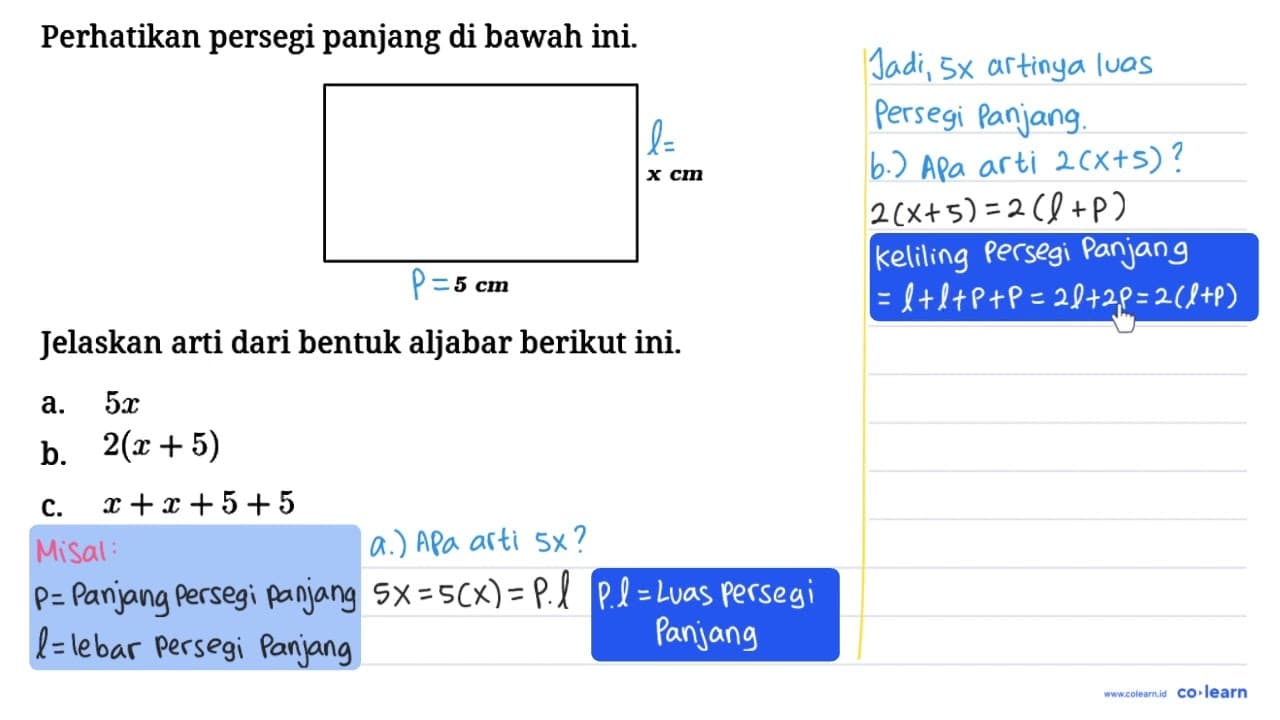 Perhatikan persegi panjang di bawah ini. x cm 5 cm Jelaskan