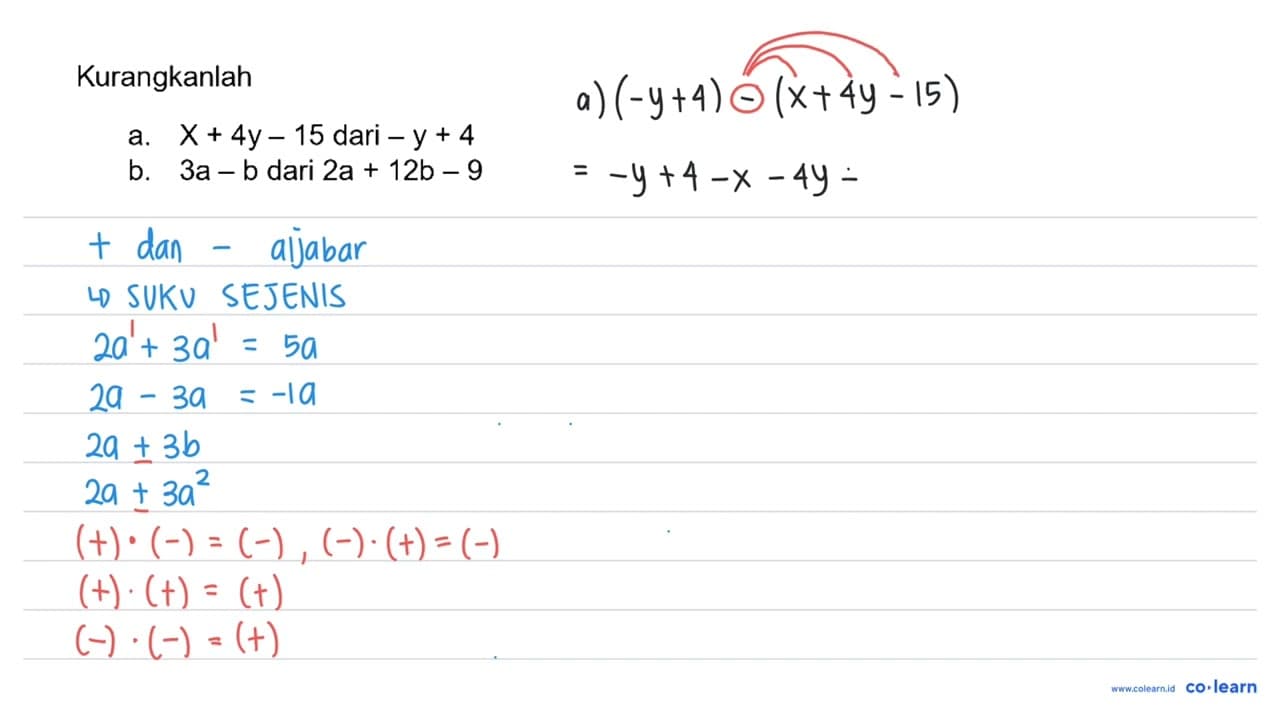 Kurangkanlah a. x+4 y-15 dari -y+4 b. 3 a-b dari 2 a+12 b-9