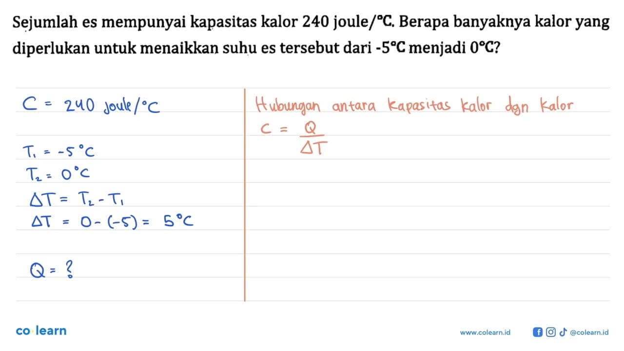 Sejumlah es mempunyai kapasitas kalor 240 joule/ C. Berapa