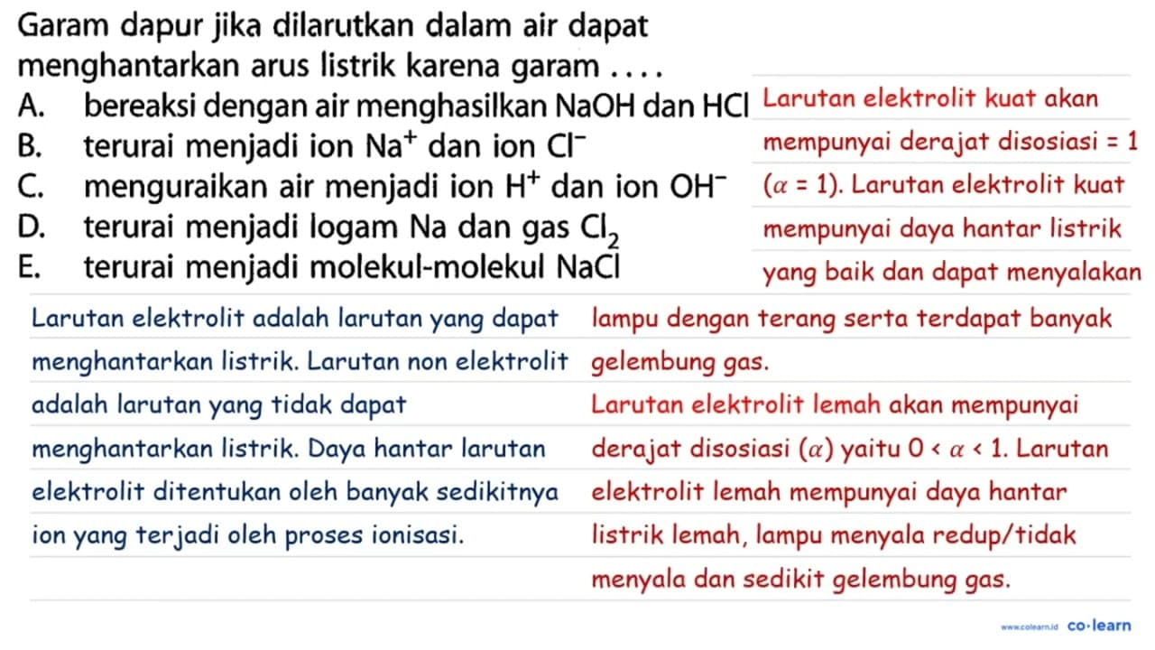 Garam dapur jika dilarutkan dalam air dapat menghantarkan