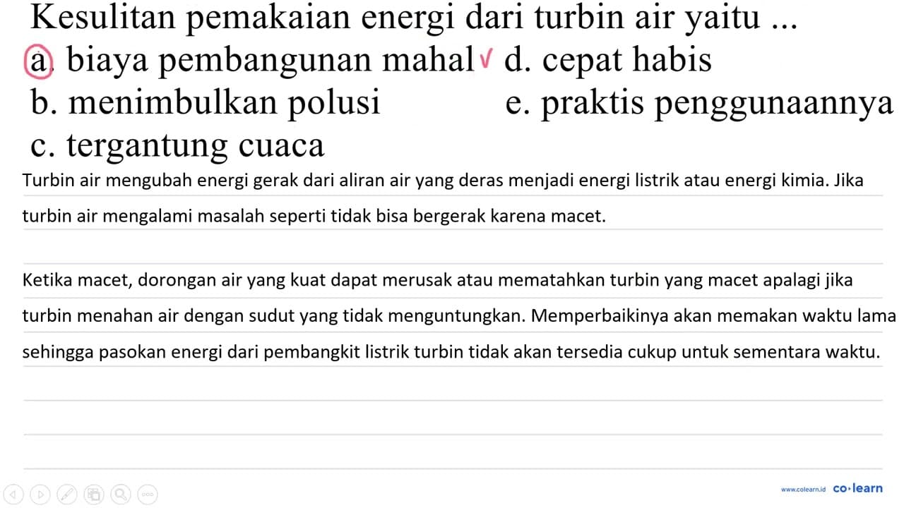 kesulitan pemakaian energi dari turbin air yaitu