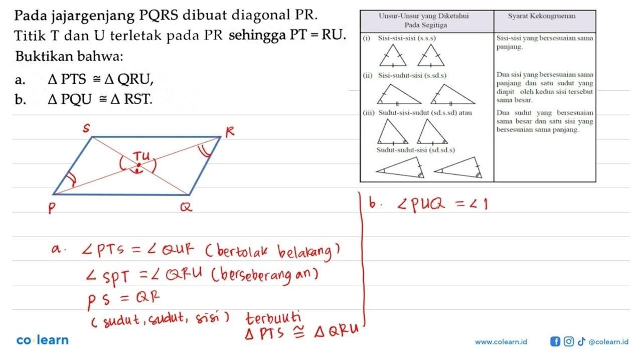 Pada jajargenjang PQRS dibuat diagonal PR. Titik T dan U