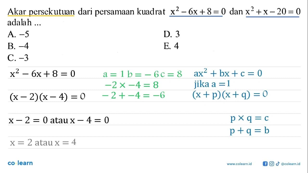 Akar persekutuan dari persamaan kuadrat x^2-6 x+8=0 dan