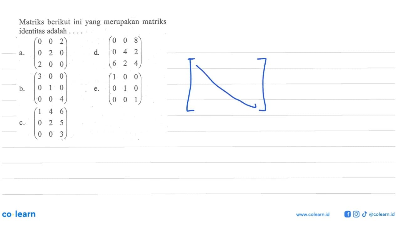 Matriks berikut ini yang merupakan matriks identitas adalah