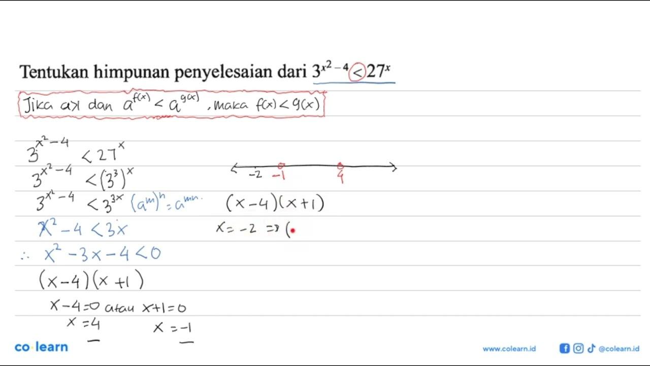 Tentukan himpunan penyelesaian dari 3^(x^2-4) < 27^x