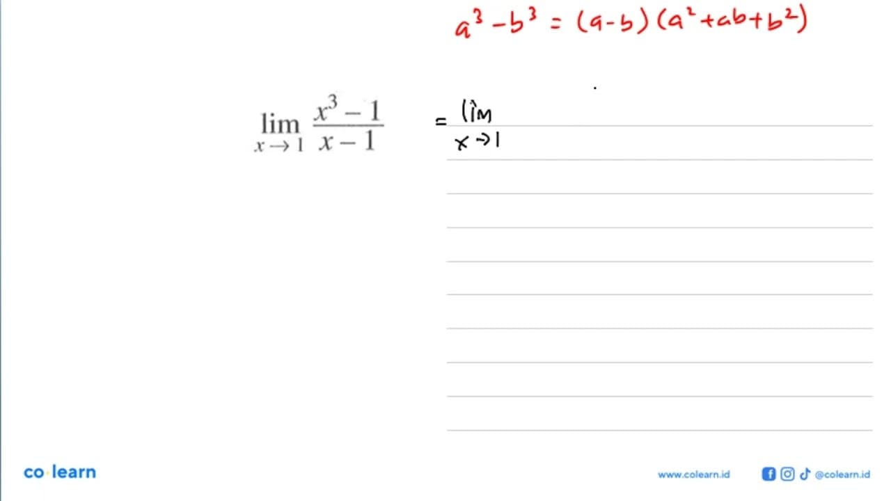 Tentukan nilai dari limit fungsi berikut. limit x -> 1