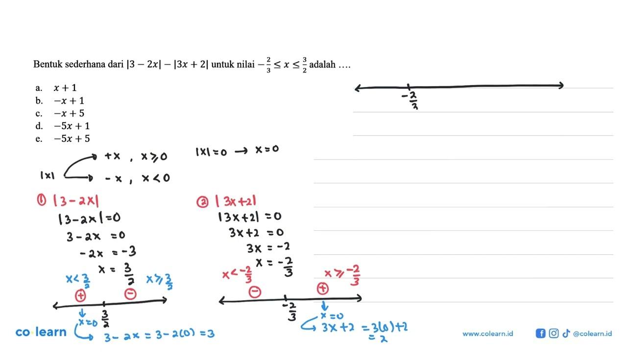 Bentuk sederhana dari |3-2x|-|3x+2|untuk nilai -2/3<=x<=3/2