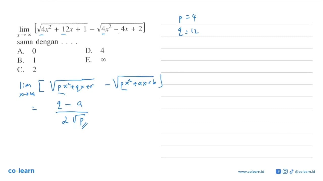 Iim x->tak hingga [akar(4x^2+12x+1)-akar(4x^2-4x+2)]