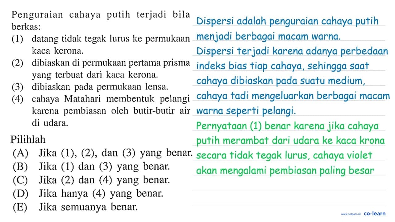 Penguraian cahaya putih terjadi bila berkas: (1) datang