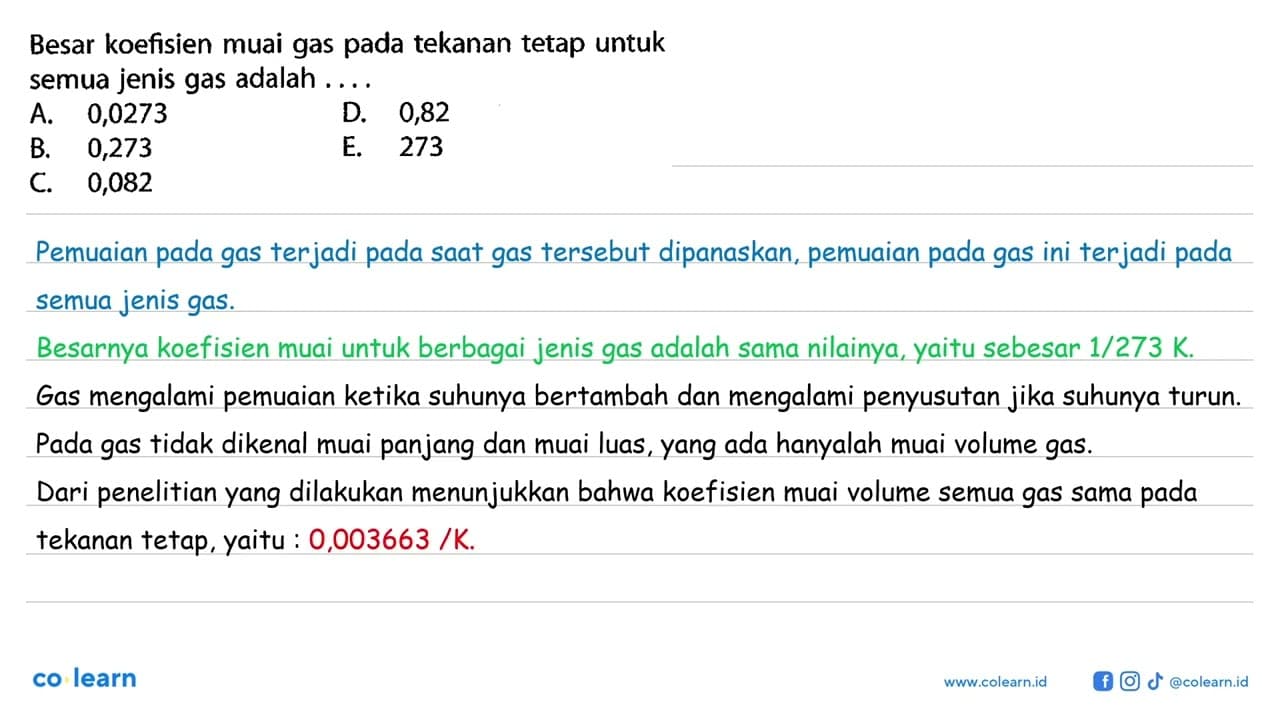 Besar koefisien muai gas pada tekanan tetap untuk semua