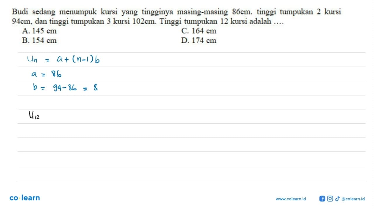 Budi sedang menumpuk kursi yang tingginya masing-masing