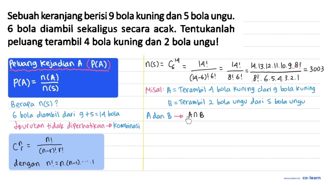 Sebuah keranjang berisi 9 bola kuning dan 5 bola ungu. 6