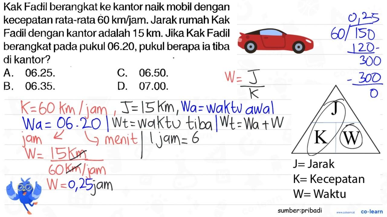 Kak Fadil berangkat ke kantor naik mobil dengan kecepatan