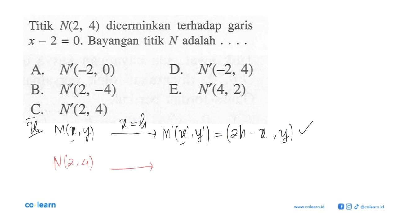 Titik N(2,4) dicerminkan terhadap garis x-2=0. Bayangkan