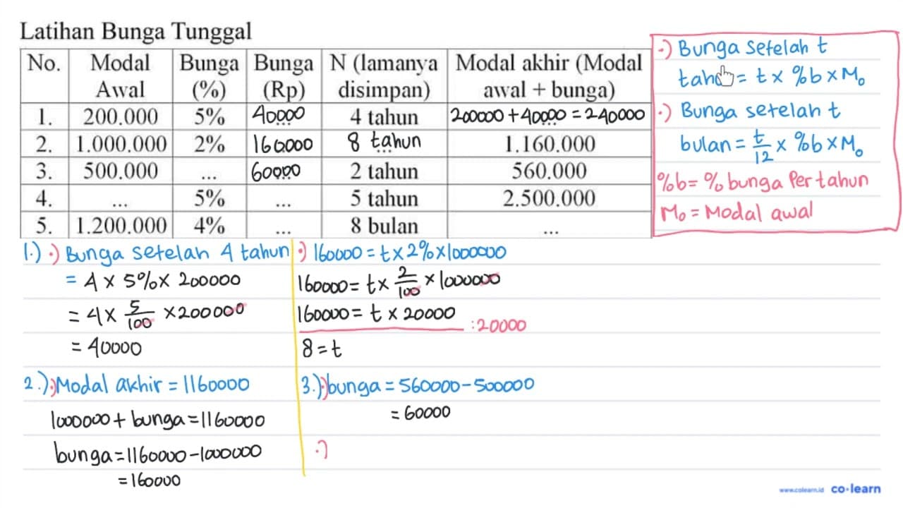 Latihan Bunga Tunggal No. Modal Awal Bunga (%) Bunga (Rp) N