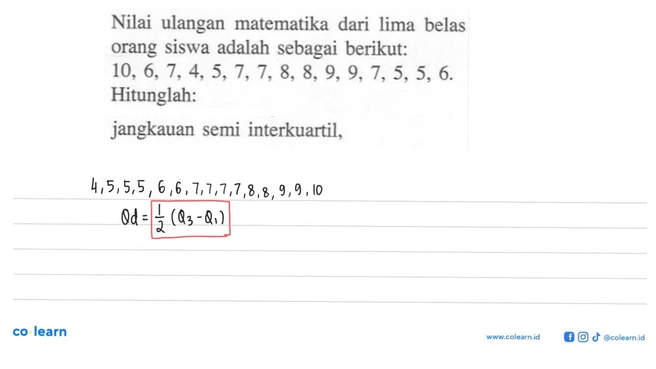 Nilai ulangan matematika dari lima belas orang siswa adalah