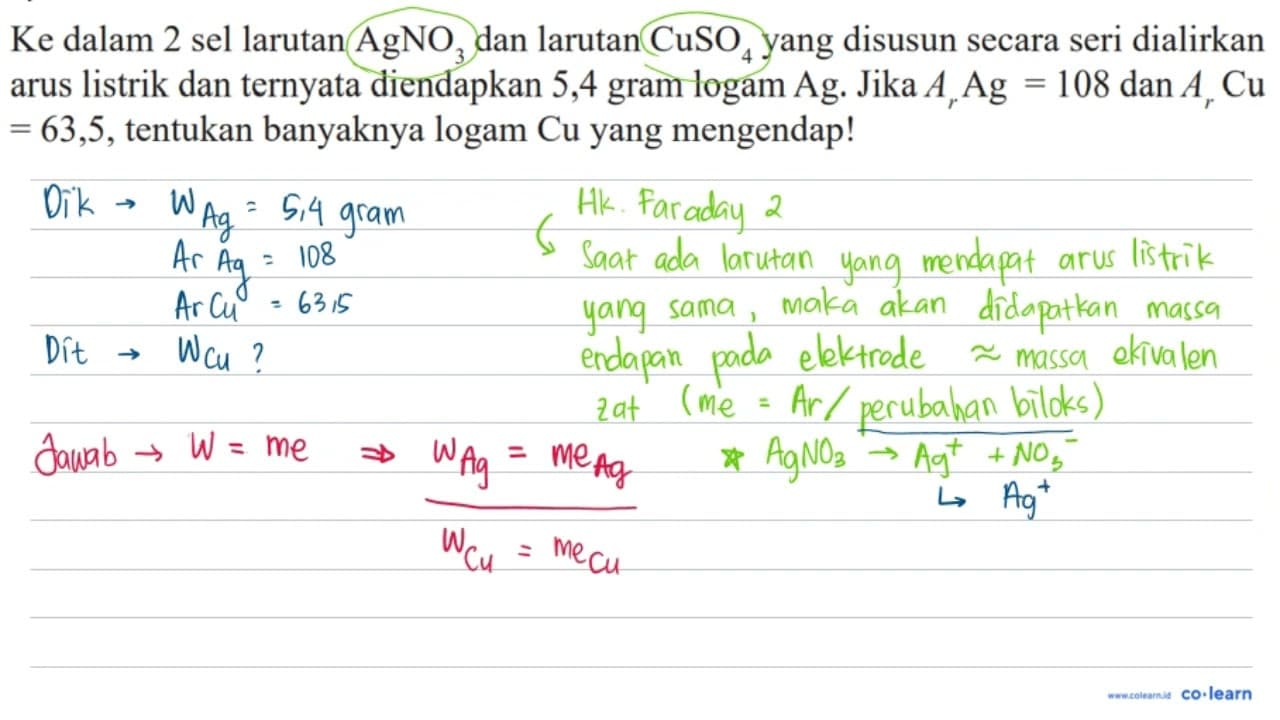 Ke dalam 2 sel larutan AgNO3 dan larutan CuSO4 yang disusun