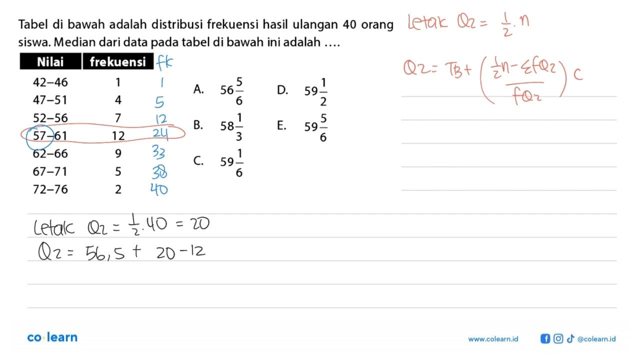 Tabel di bawah adalah distribusi frekuensi hasil ulangan 40