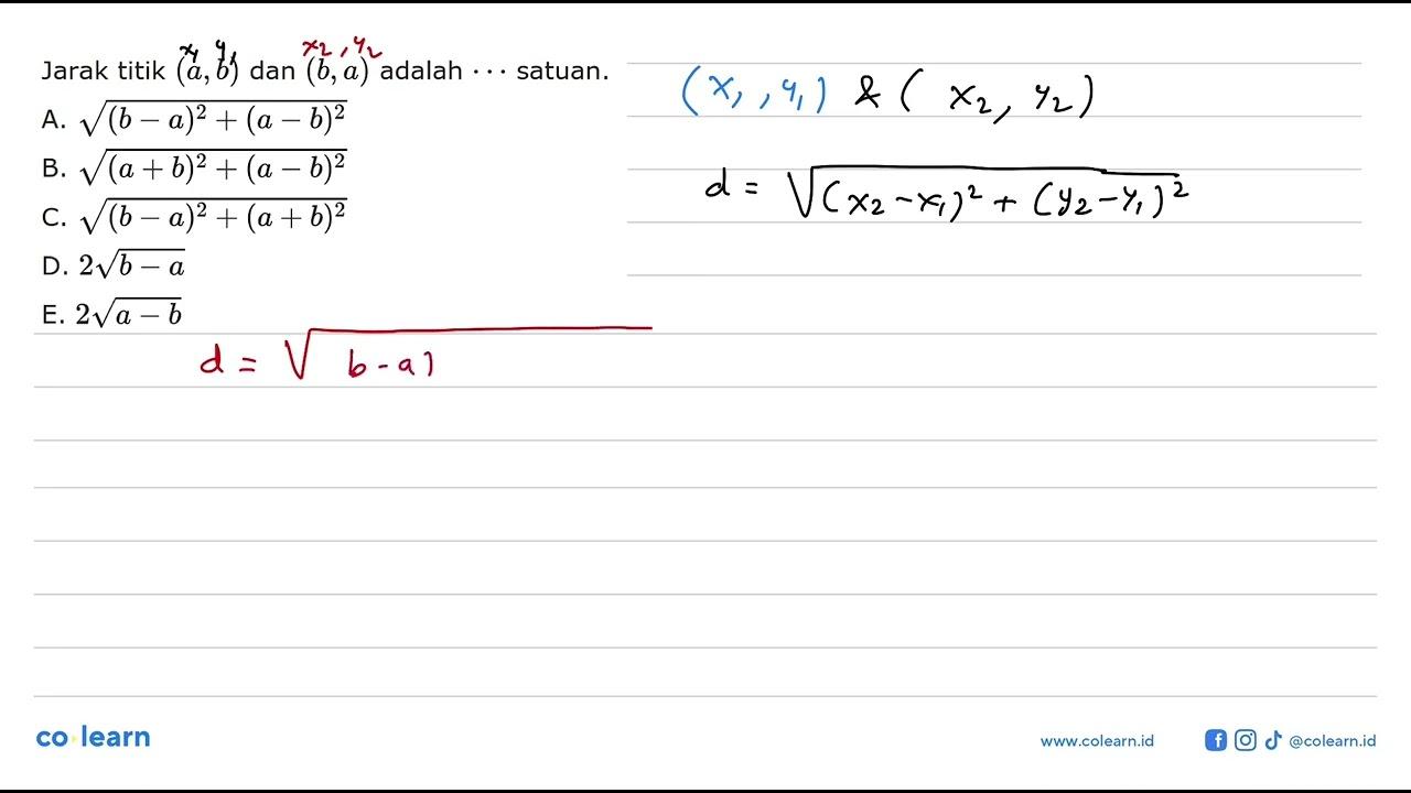 Jarak titik (a, b) dan (b, a) adalah... satuan.