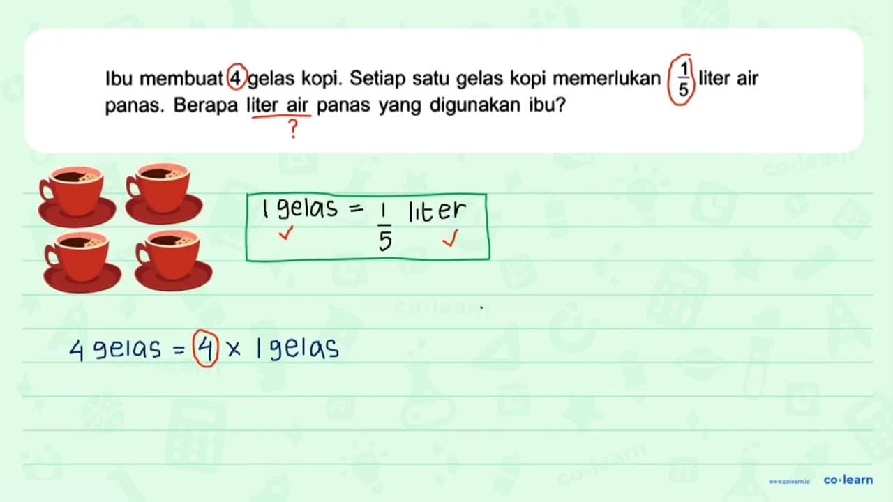 Ibu membuat 4 gelas kopi. Setiap satu gelas kopi memerlukan