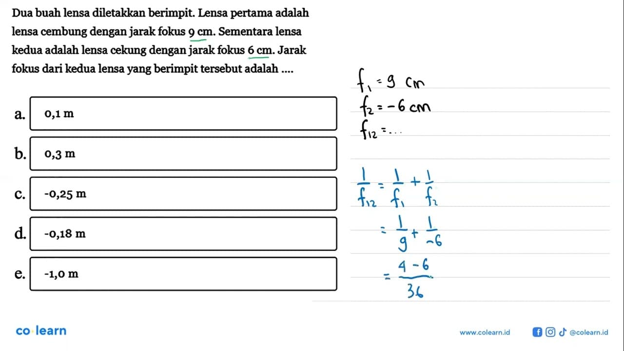 Dua buah lensa diletakkan berimpit. Lensa pertama adalah