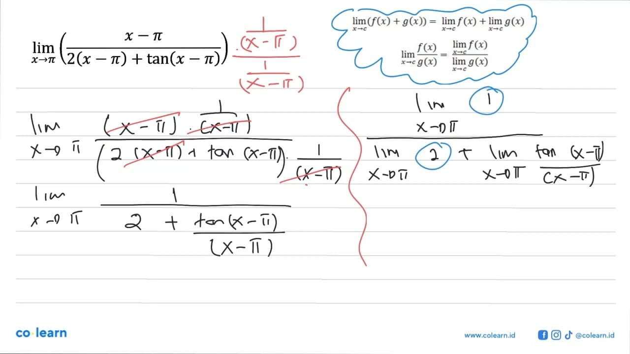 limit x->pi ((x-pi)/(2(x-pi)+tan(x-pi)))