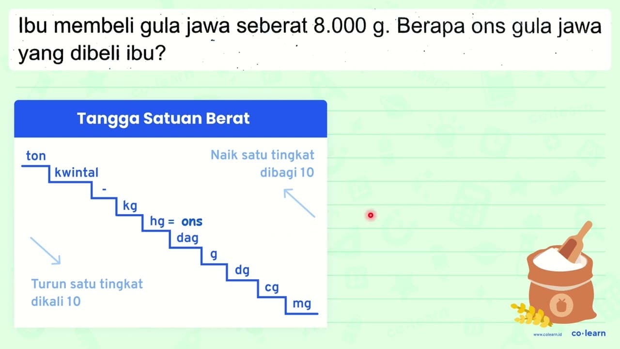 Ibu membeli gula jawa seberat 8.000 g . Berapa ons gula