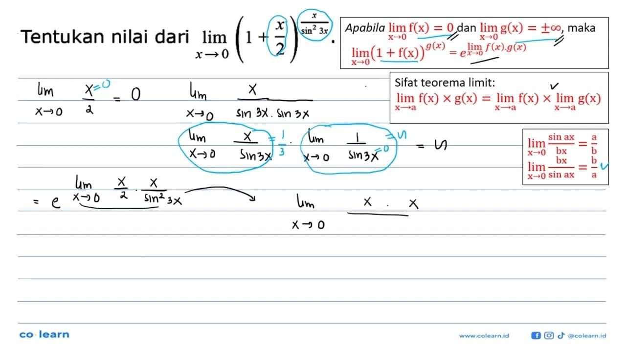 Tentukan nilai dari lim ->x->0 (1+x/2)^(x/sin^23x)