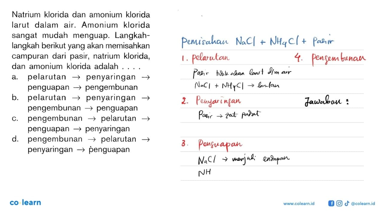 Natrium klorida dan amonium klorida larut dalam air ,