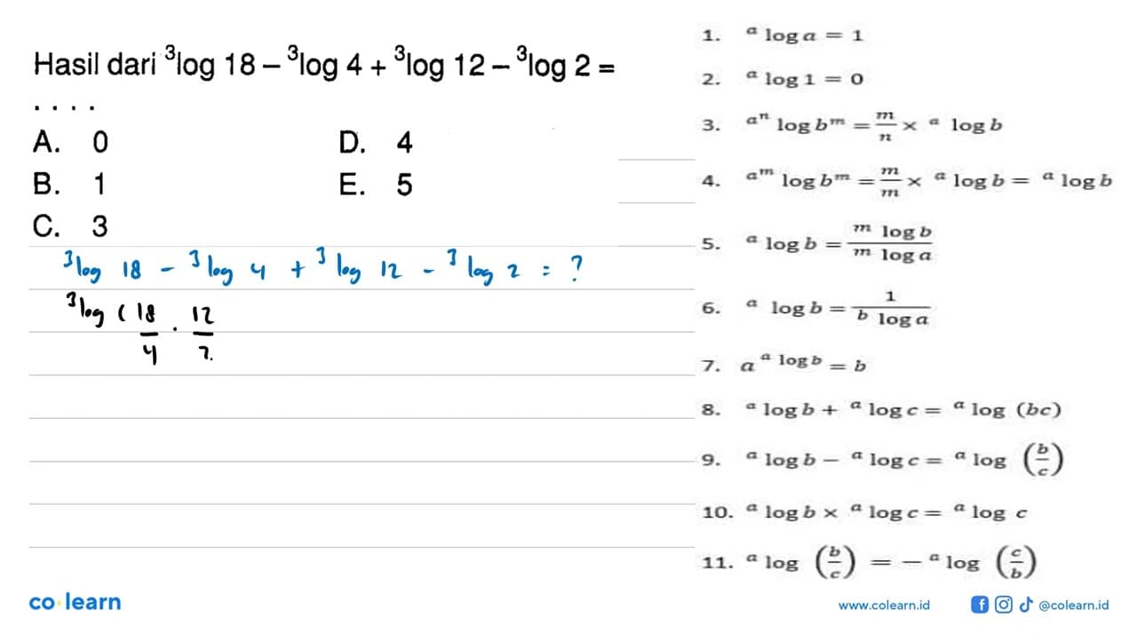 Hasil dari 3log18-3log4+3log12-3log2=