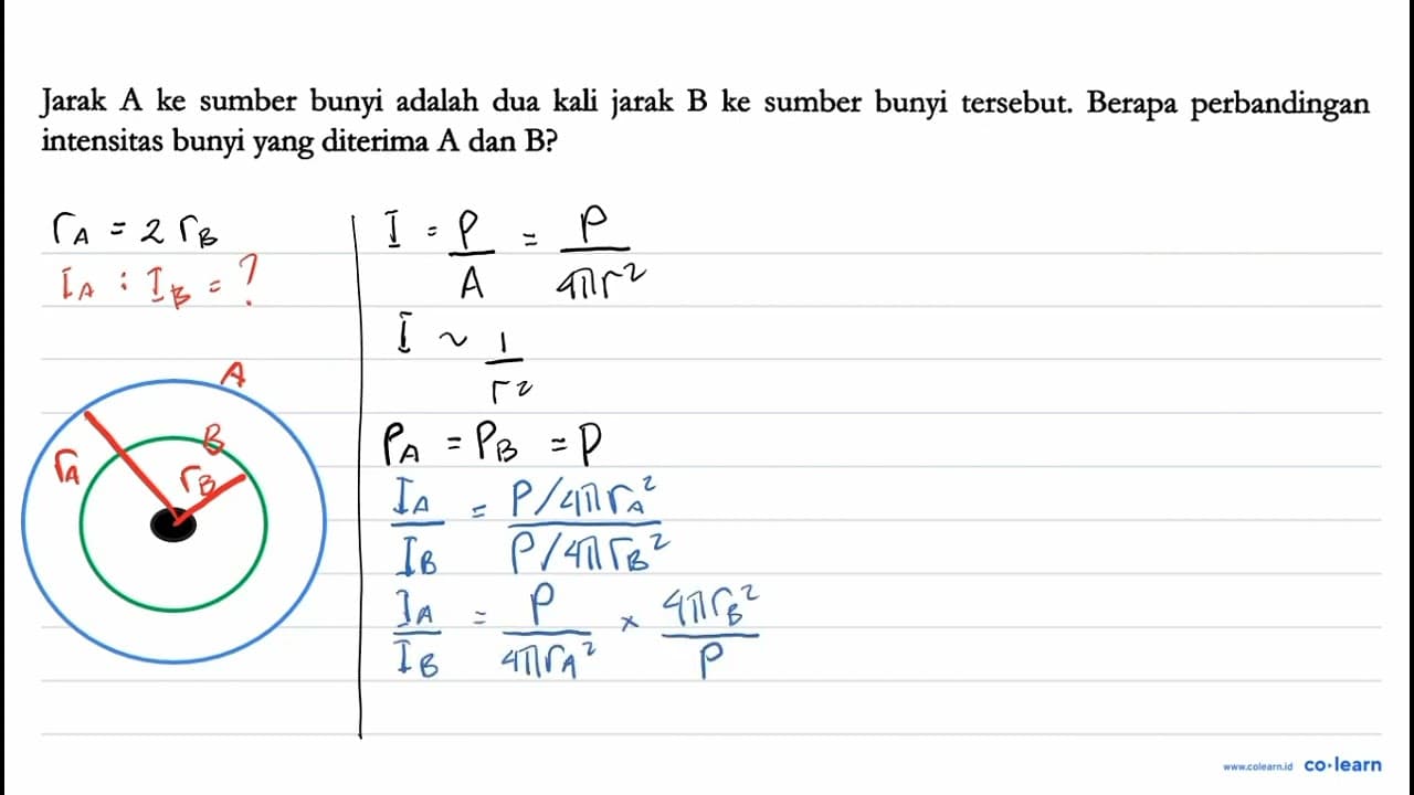 Jarak A ke sumber bunyi adalah dua kali jarak B ke sumber