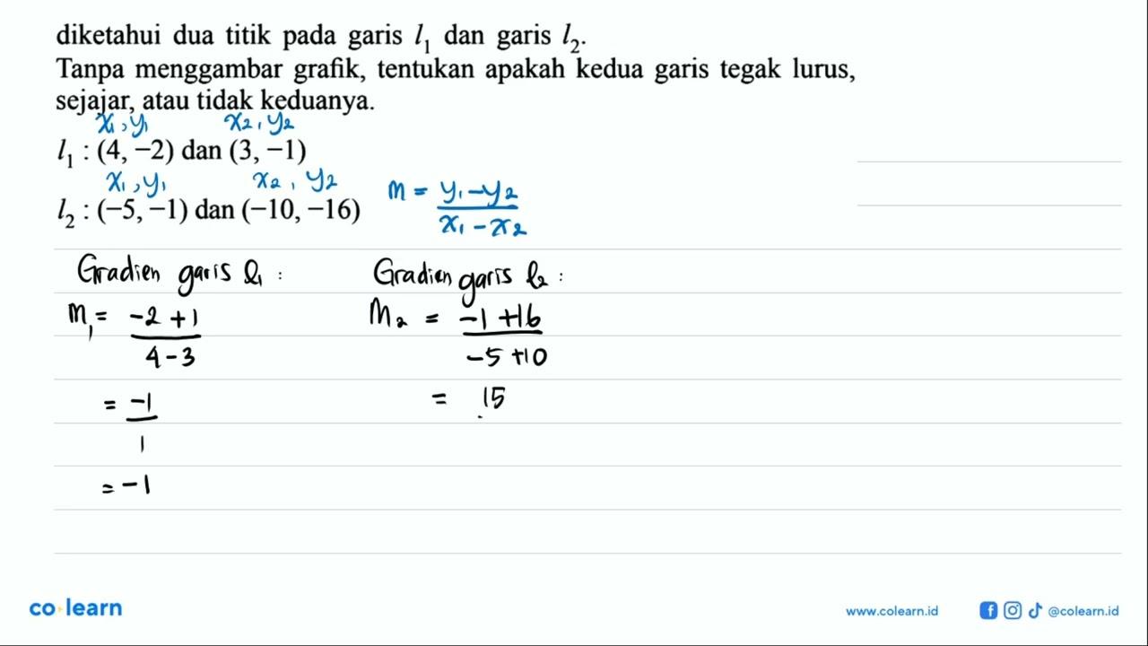 diketahui dua titik pada garis l1 dan garis l2: Tanpa