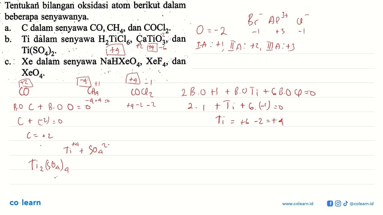 Tentukan bilangan oksidasi atom berikut dalam beberapa