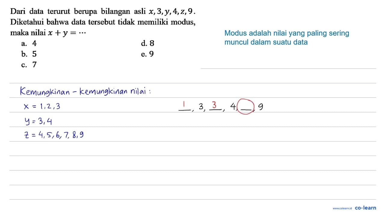 Dari data terurut berupa bilangan asli x, 3, y, 4, z, 9 .