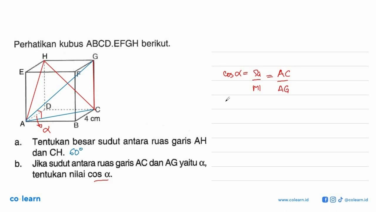 Perhatikan kubus ABCD.EFGH berikut. a. Tentukan besar sudut