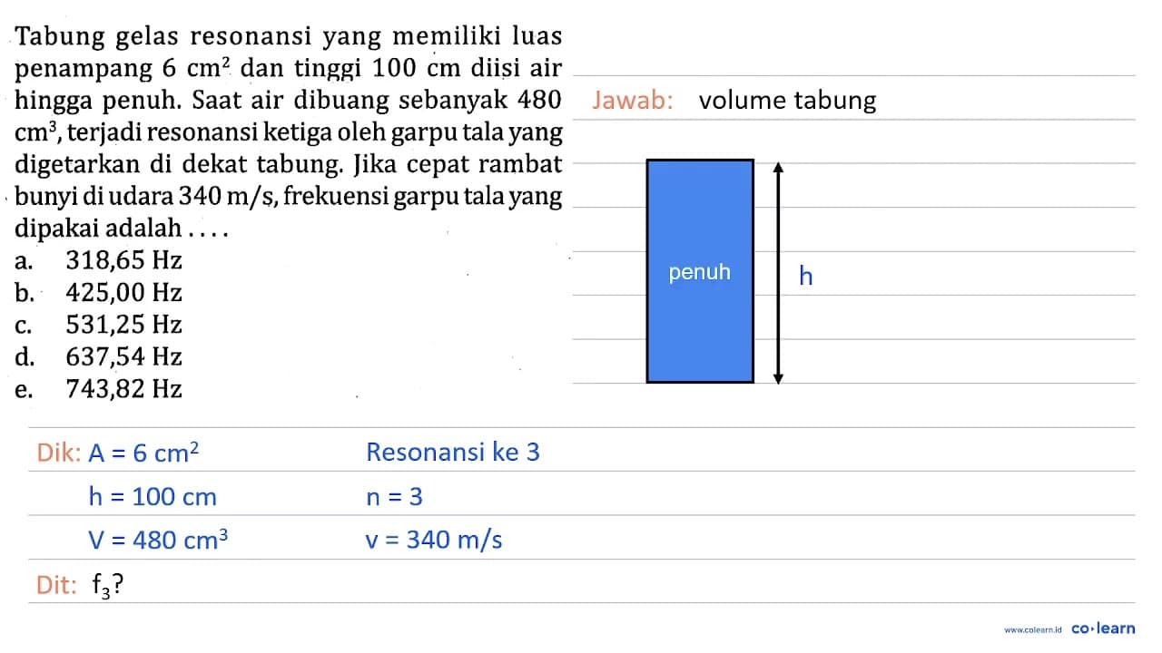 Tabung gelas resonansi yang memiliki luas penampang 6