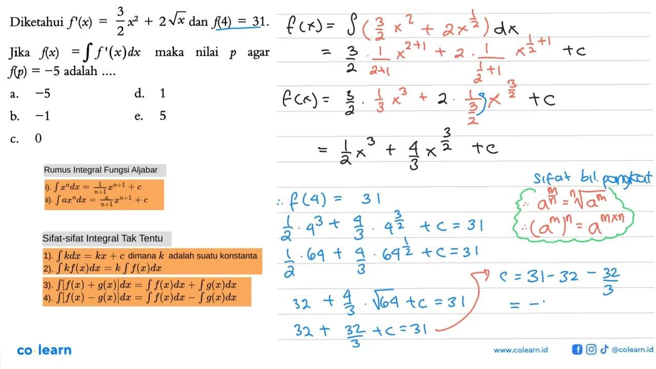 Diketahui f'(x)=3/2x^2+2 akar(x) dan f(4)=31 Jika