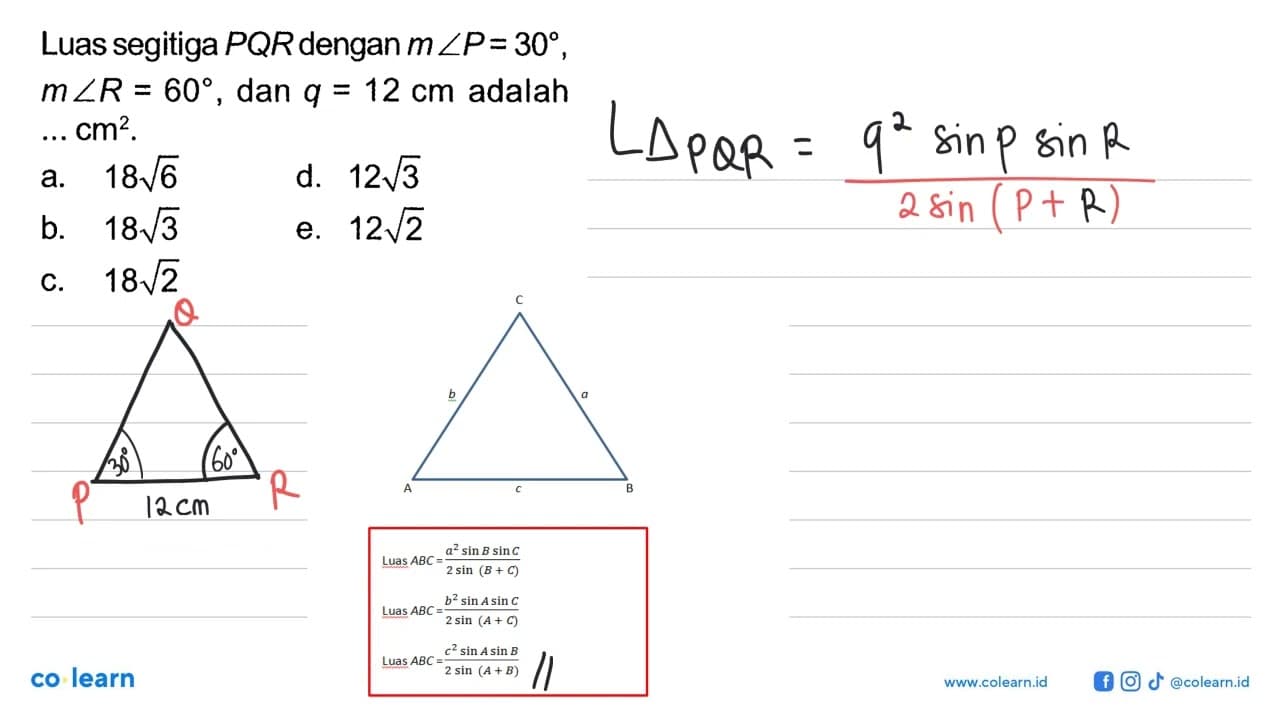 Luas segitiga PQR dengan m sudut P=30, m sudut R=60, dan
