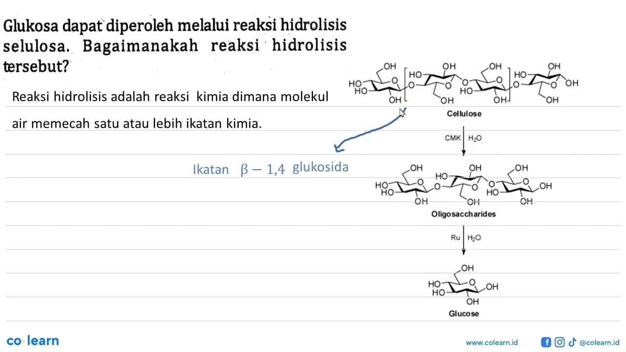 Glukosa dapat diperoleh melalui reaksi hidrolisis selulosa.