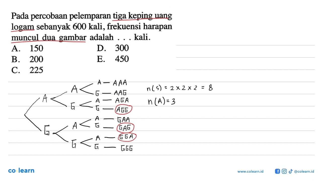 Pada percobaan pelemparan tiga keping uang logam sebanyak