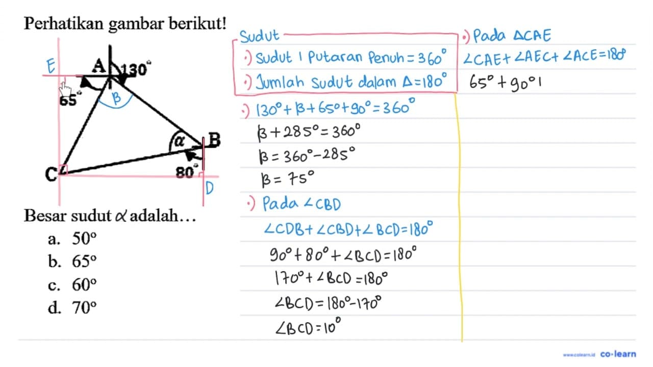 Perhatikan gambar berikut! Besar sudut a adalah... a. 50 b.