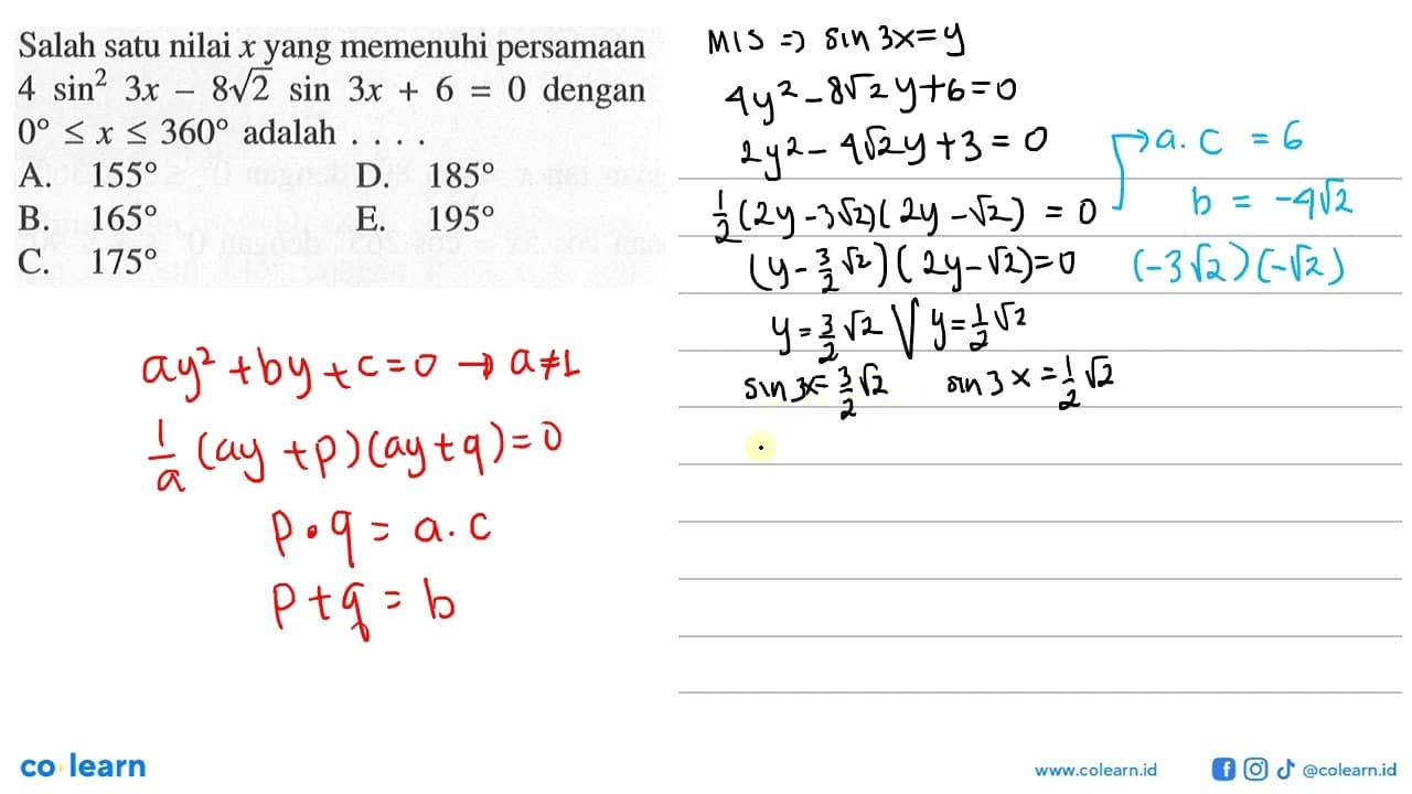 Salah satu nilai x yang memenuhi persamaan 4sin^2(3x)-8